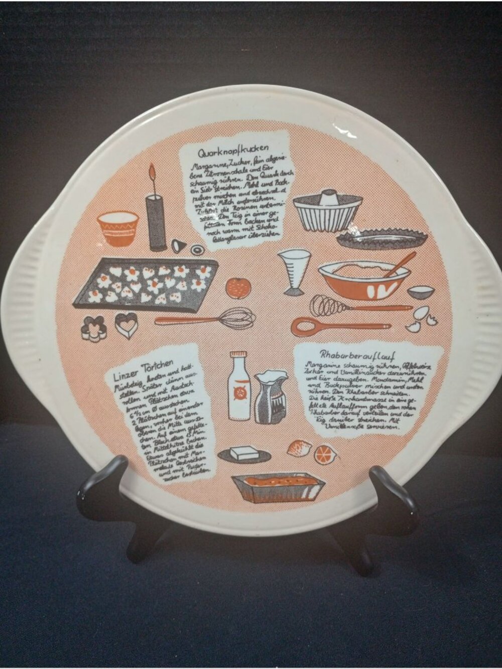 Vintage Staffle Stoneware  3 Recipe Ceramic Cake Plate in German 1980s Era